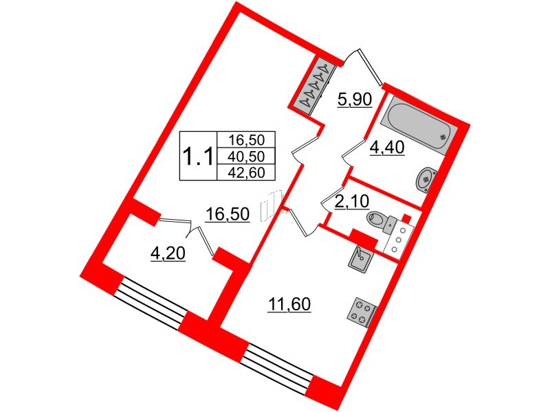 1-комнатная квартира  №186 в Grand View: 40.5 м², этаж 5 - купить в Санкт-Петербурге