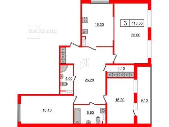 3-комнатная квартира  №339 в Притяжение: 115.5 м², этаж 8 - купить в Санкт-Петербурге