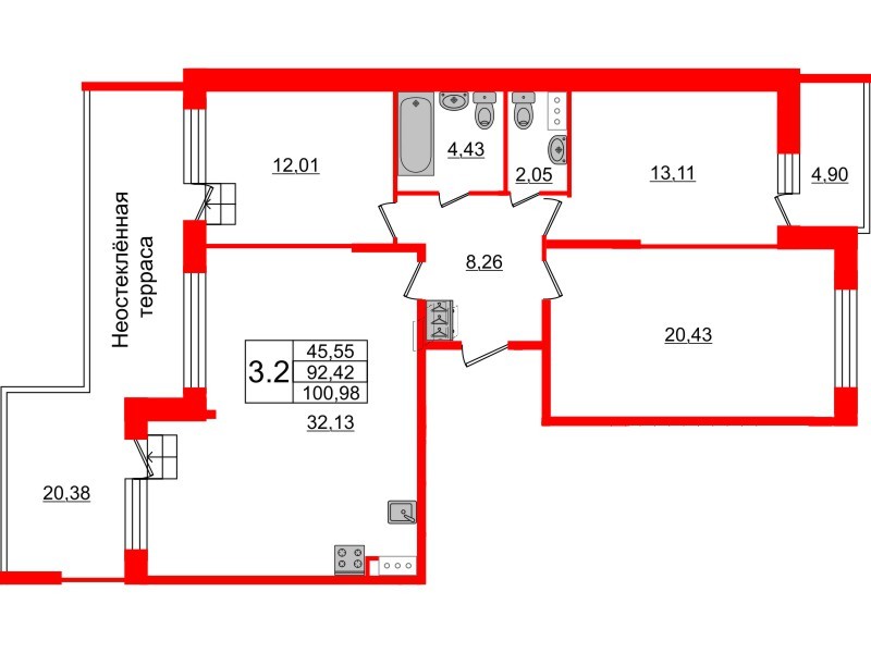 3-комнатная квартира  №27 в Притяжение: 92.42 м², этаж 9 - купить в Санкт-Петербурге