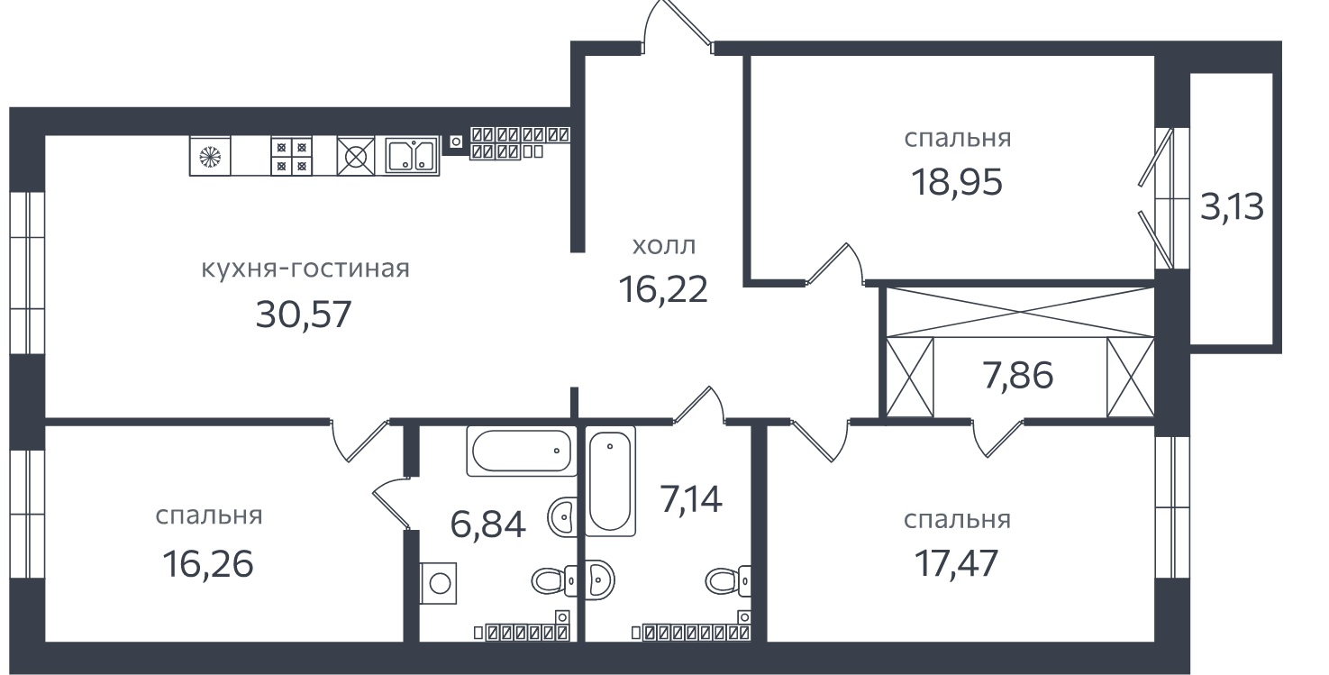 3-комнатная квартира  №107 в Петровская коса, 1: 126.2 м², этаж 7 - купить в Санкт-Петербурге