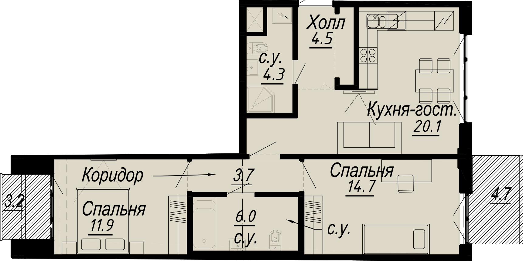 2-комнатная квартира  №25-7 в Meltzer Hall: 67.6 м², этаж 7 - купить в Санкт-Петербурге