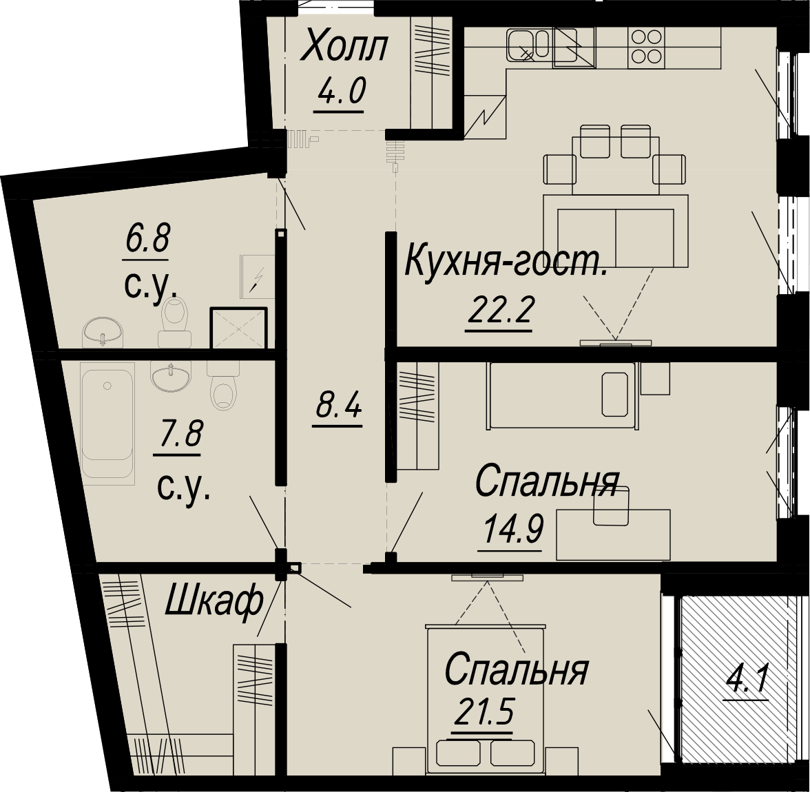 2-комнатная квартира  №14-4 в Meltzer Hall: 90 м², этаж 4 - купить в Санкт-Петербурге