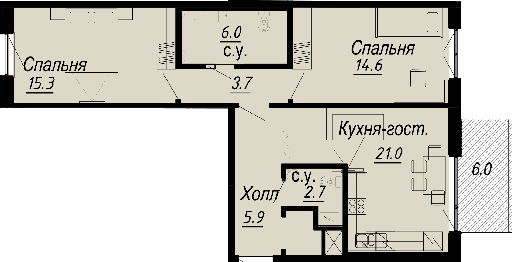 2-комнатная квартира  №29-6 в Meltzer Hall: 70 м², этаж 6 - купить в Санкт-Петербурге