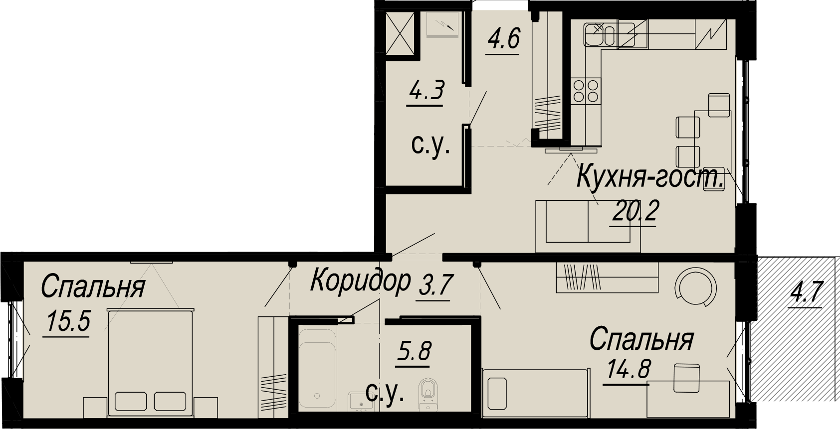 2-комнатная квартира  №21-6 в Meltzer Hall: 70.2 м², этаж 6 - купить в Санкт-Петербурге