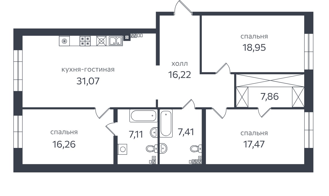 3-комнатная квартира  №92 в Петровская коса, 1: 127.4 м², этаж 2 - купить в Санкт-Петербурге