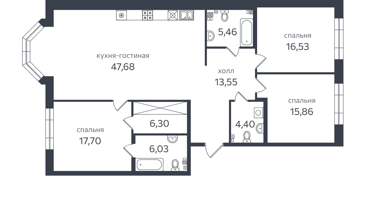 3-комнатная квартира  №94 в Петровская коса, 1: 138.7 м², этаж 2 - купить в Санкт-Петербурге