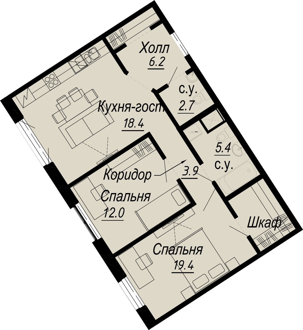 2-комнатная квартира  №3-4 в Meltzer Hall: 68.8 м², этаж 4 - купить в Санкт-Петербурге