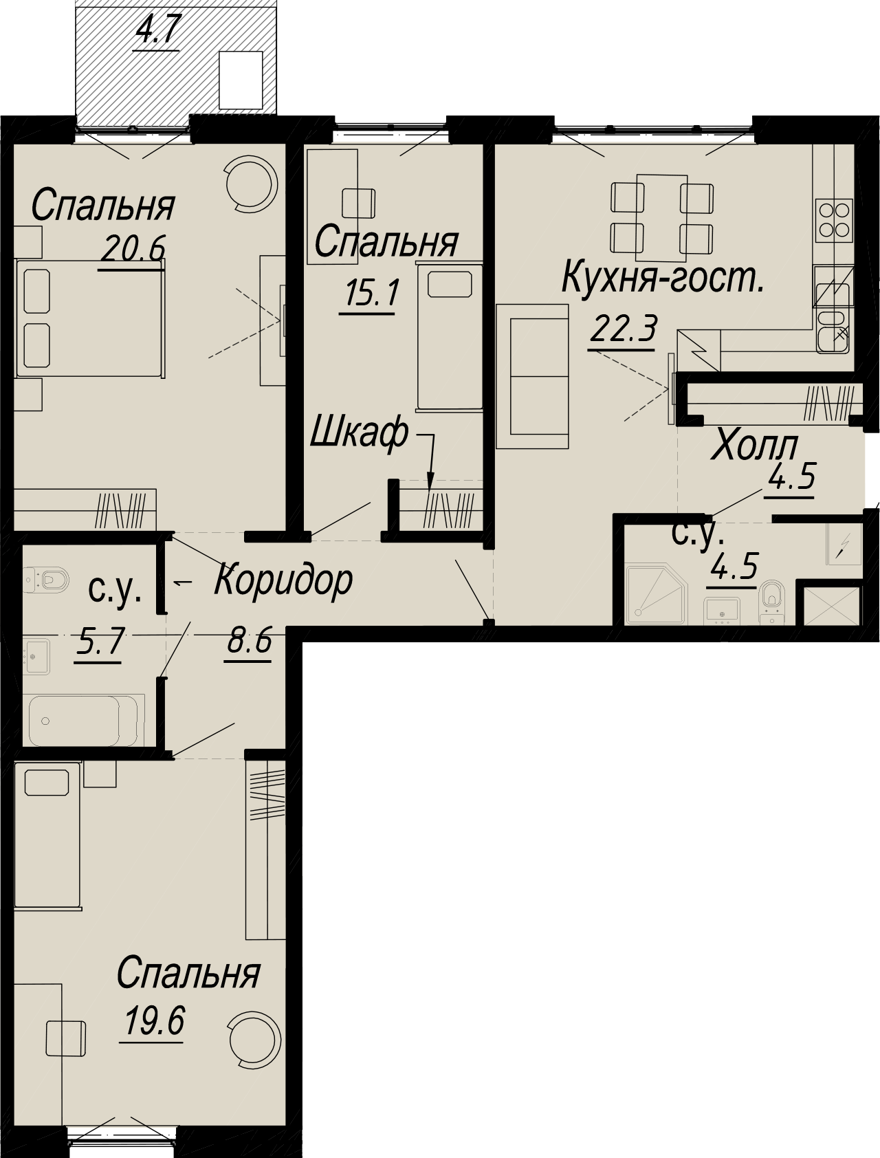 3-комнатная квартира  №5-5 в Meltzer Hall: 105.08 м², этаж 5 - купить в Санкт-Петербурге