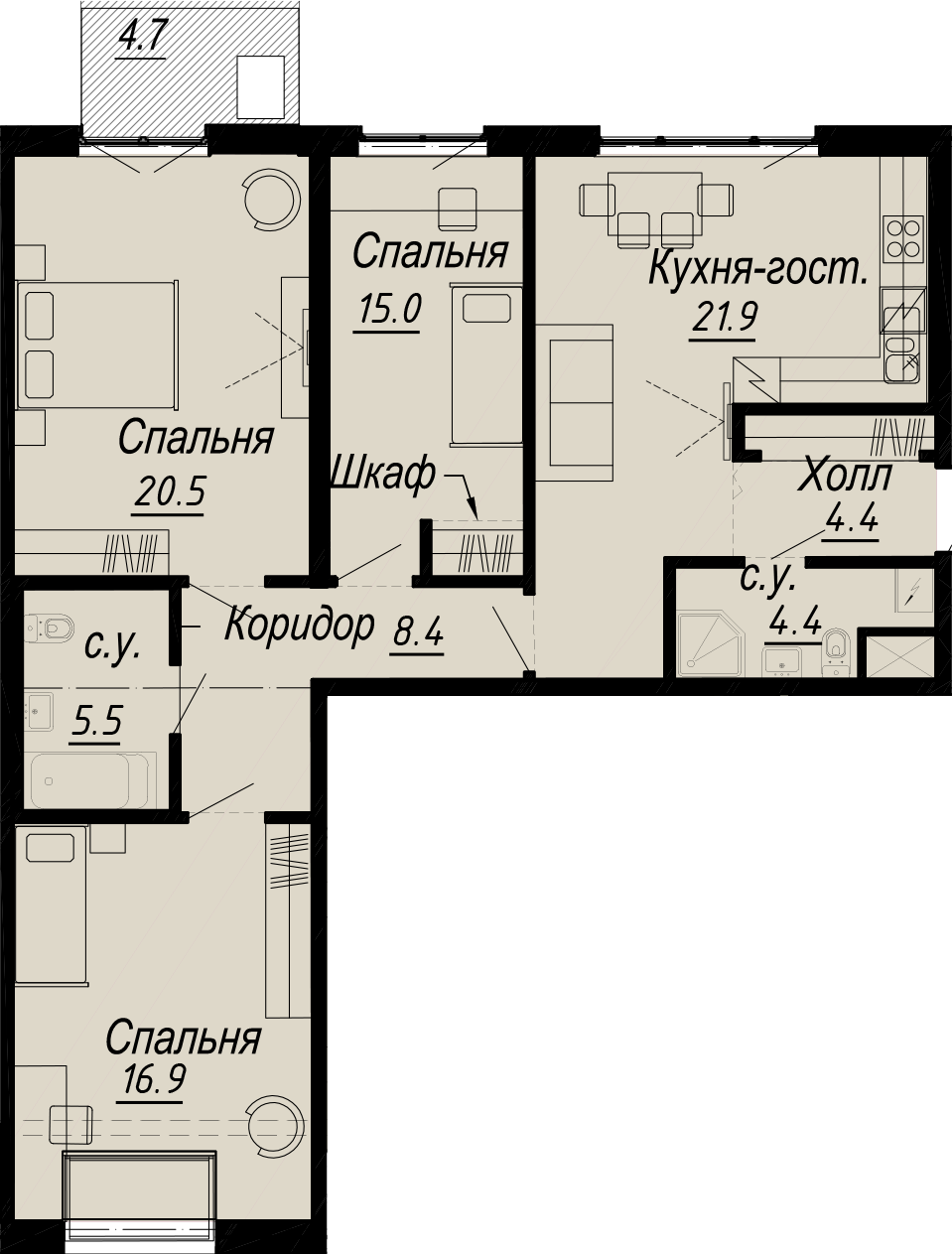 3-комнатная квартира  №5-7 в Meltzer Hall: 98.4 м², этаж 7 - купить в Санкт-Петербурге