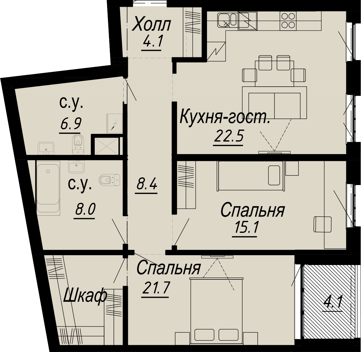 2-комнатная квартира  №14-5 в Meltzer Hall: 88.7 м², этаж 5 - купить в Санкт-Петербурге