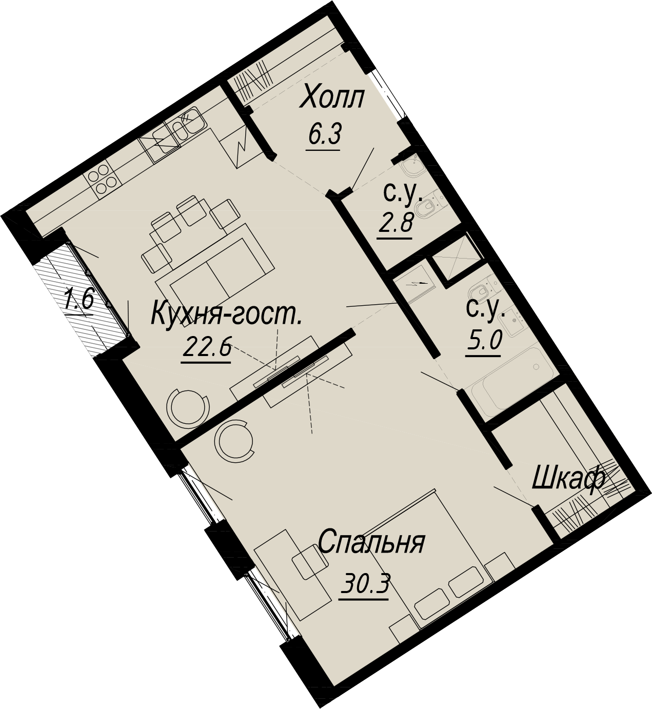 1-комнатная квартира  №3-5 в Meltzer Hall: 67 м², этаж 5 - купить в Санкт-Петербурге