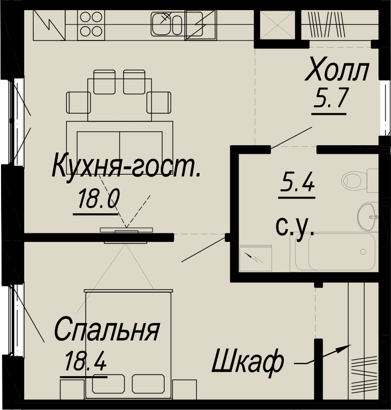 1-комнатная квартира  №21-5 в Meltzer Hall: 47.5 м², этаж 5 - купить в Санкт-Петербурге