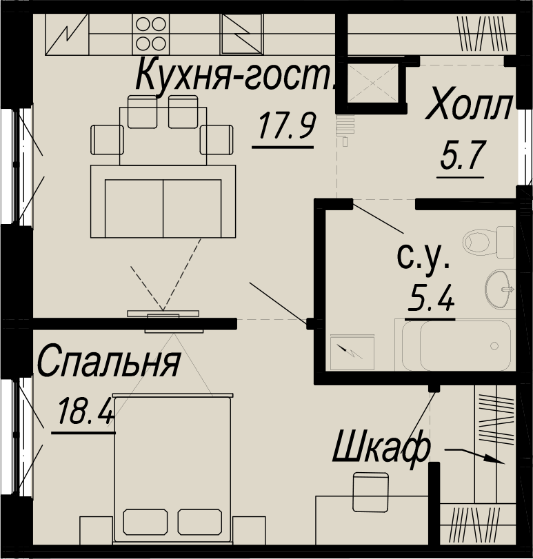 1-комнатная квартира  №28-4 в Meltzer Hall: 47.4 м², этаж 4 - купить в Санкт-Петербурге