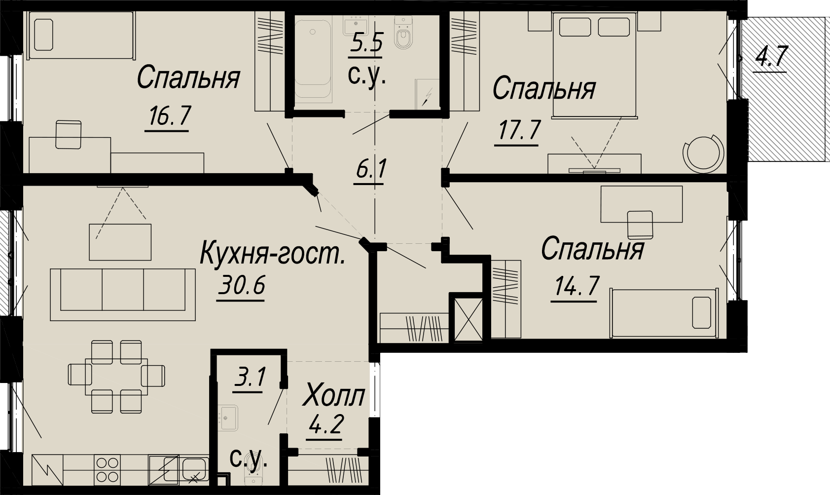 3-комнатная квартира  №25-6 в Meltzer Hall: 107.12 м², этаж 6 - купить в Санкт-Петербурге
