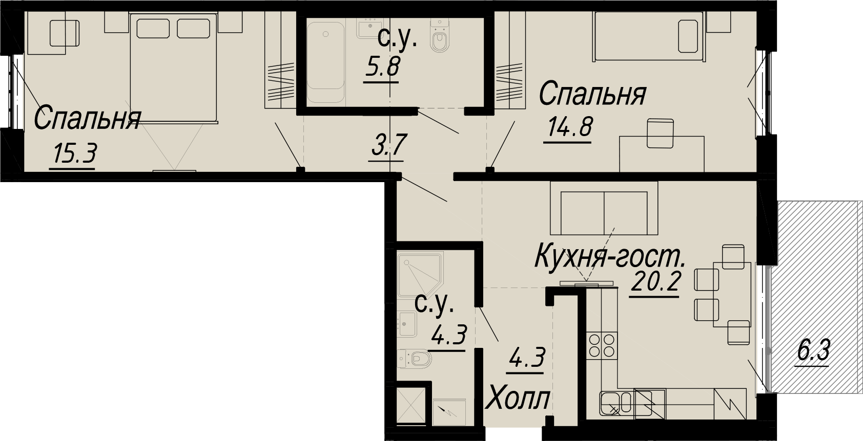 2-комнатная квартира  №22-3 в Meltzer Hall: 71.55 м², этаж 3 - купить в Санкт-Петербурге