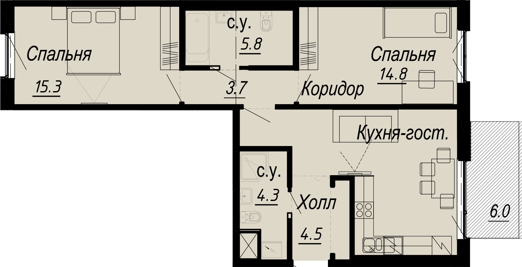 2-комнатная квартира  №22-6 в Meltzer Hall: 71.5 м², этаж 6 - купить в Санкт-Петербурге