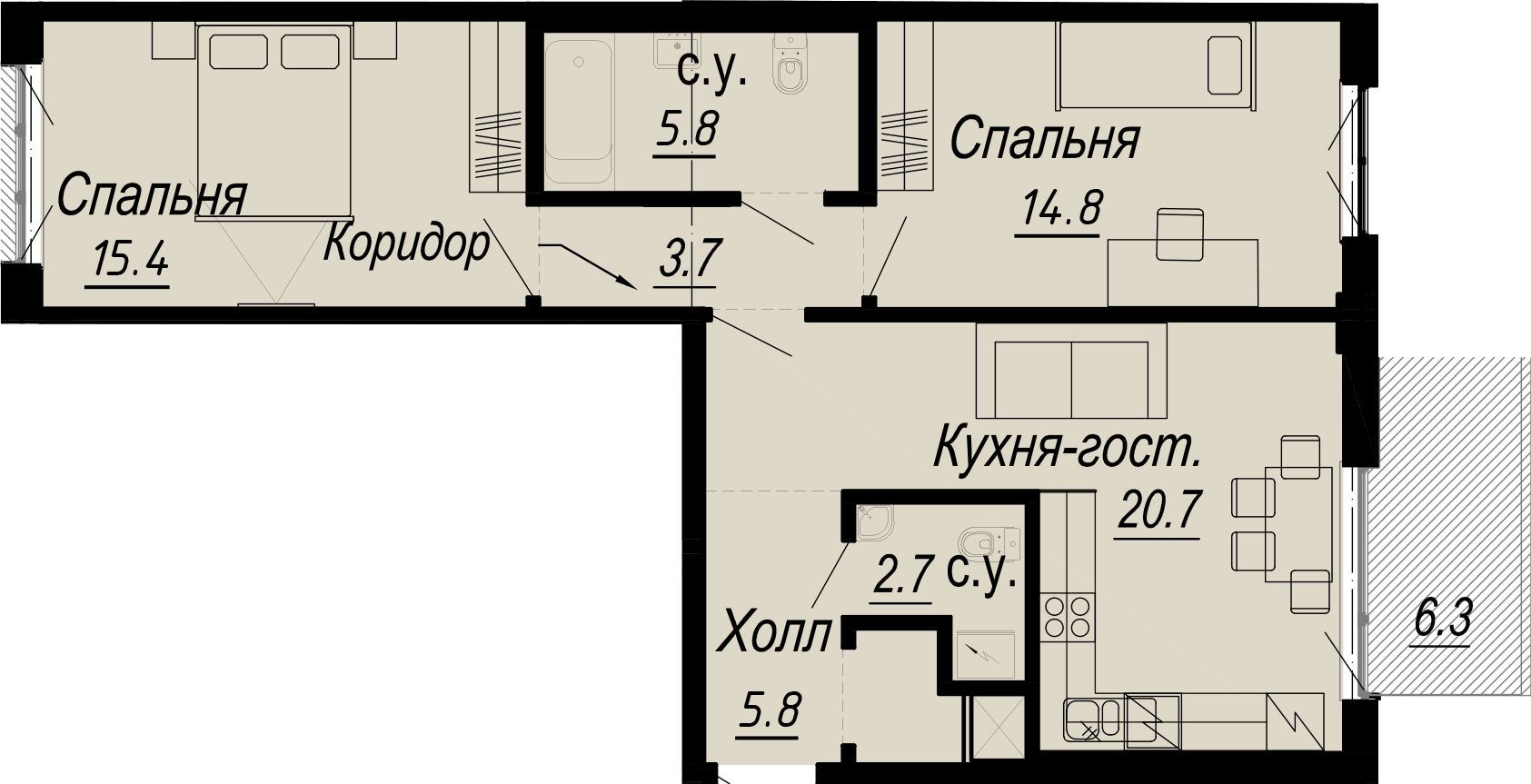2-комнатная квартира  №28-3 в Meltzer Hall: 70.7 м², этаж 3 - купить в Санкт-Петербурге
