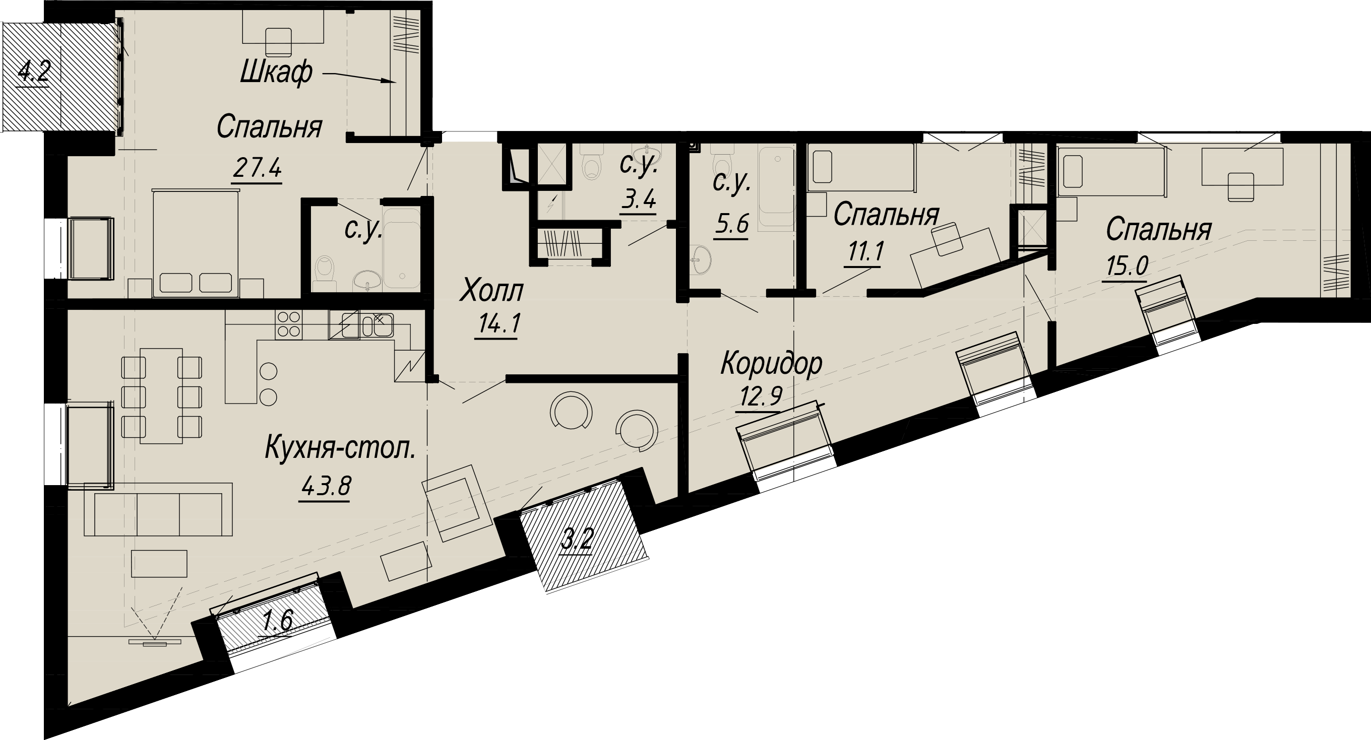 3-комнатная квартира  №28-7 в Meltzer Hall: 142.15 м², этаж 7 - купить в Санкт-Петербурге