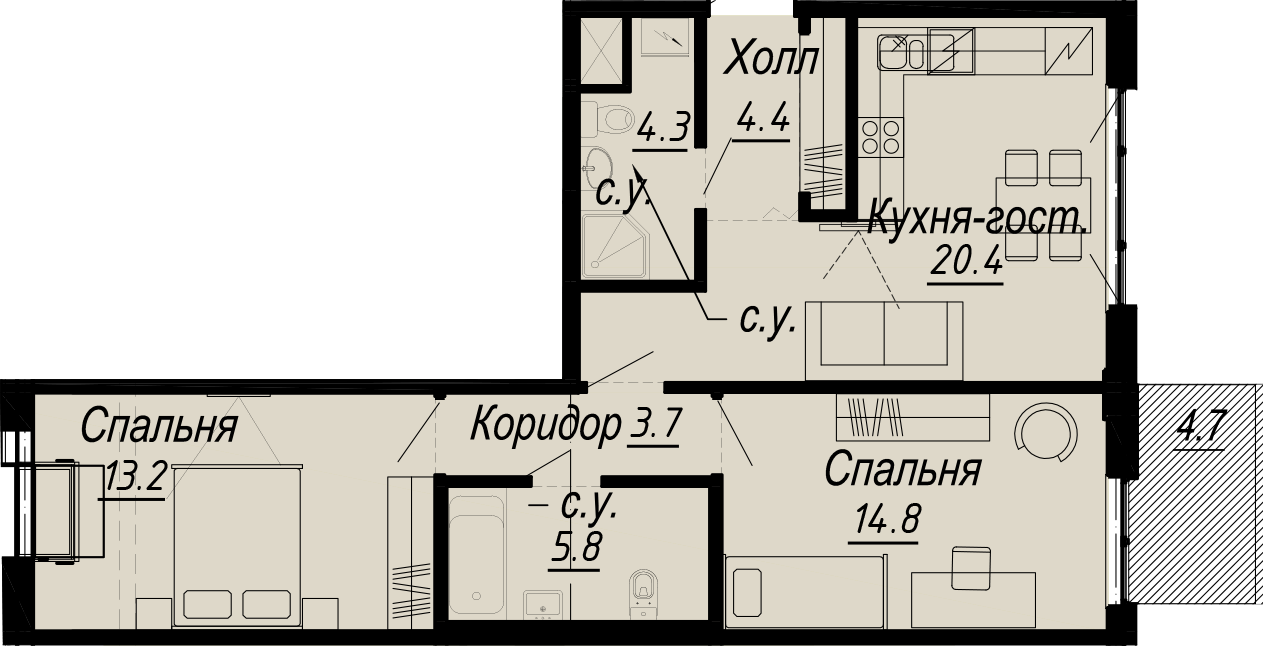 2-комнатная квартира  №19-7 в Meltzer Hall: 68 м², этаж 7 - купить в Санкт-Петербурге