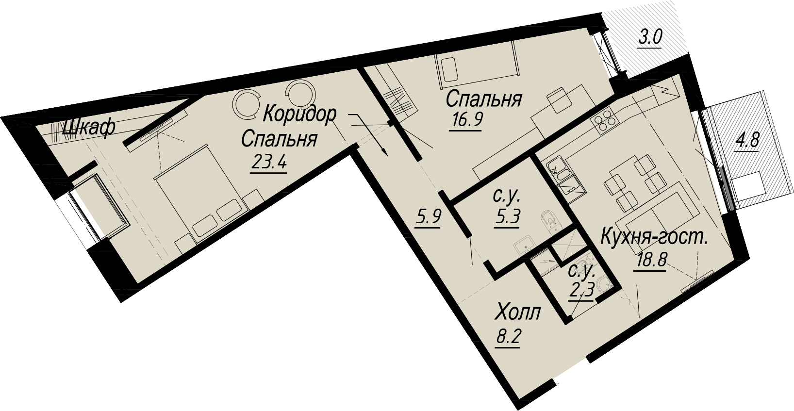 2-комнатная квартира  №1-7 в Meltzer Hall: 83.14 м², этаж 7 - купить в Санкт-Петербурге