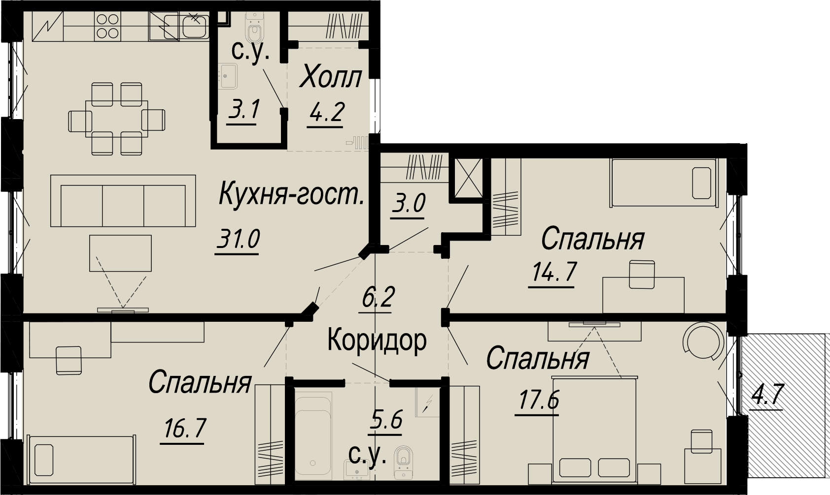 3-комнатная квартира  №24-6 в Meltzer Hall: 106.31 м², этаж 6 - купить в Санкт-Петербурге