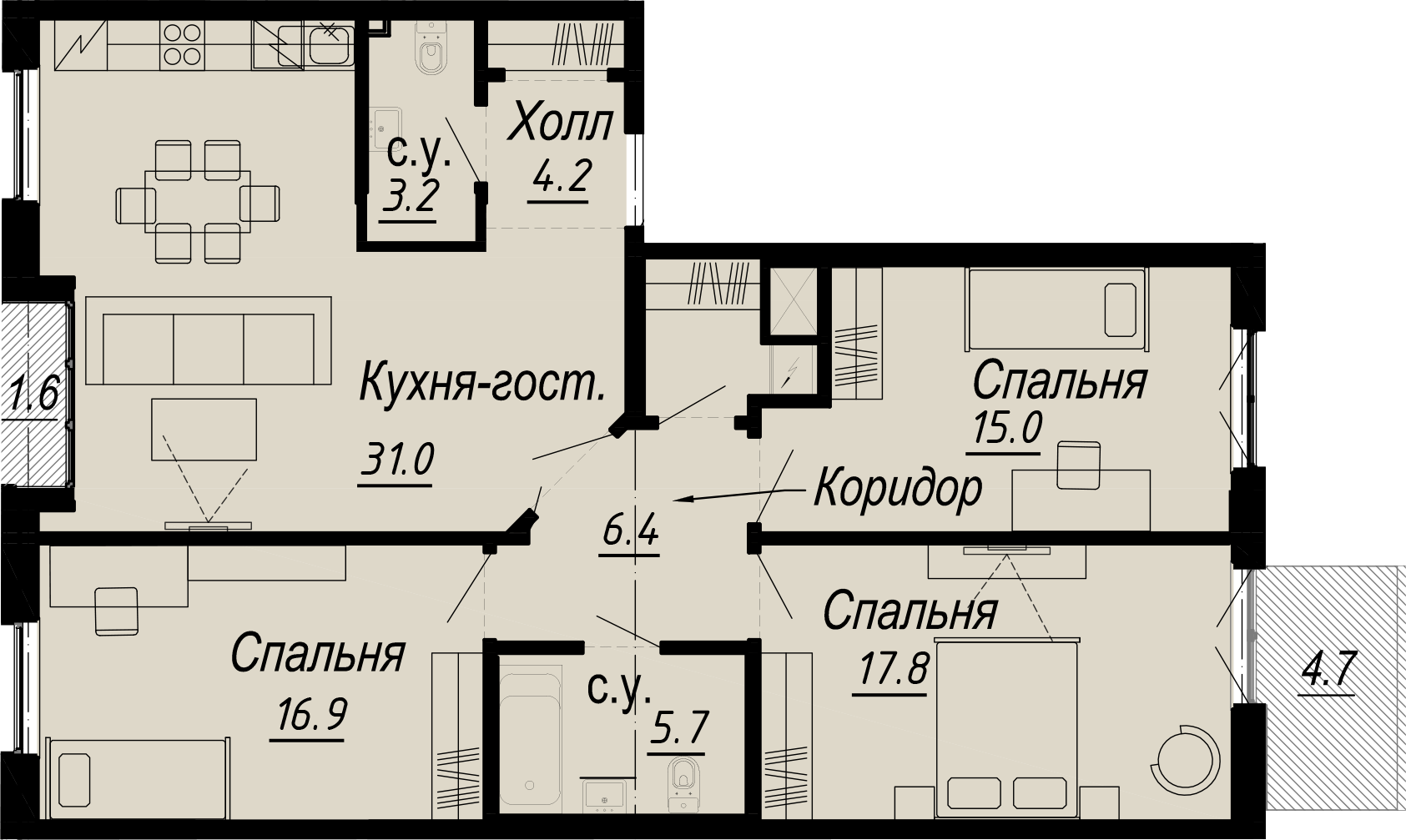 3-комнатная квартира  №25-5 в Meltzer Hall: 107.12 м², этаж 5 - купить в Санкт-Петербурге