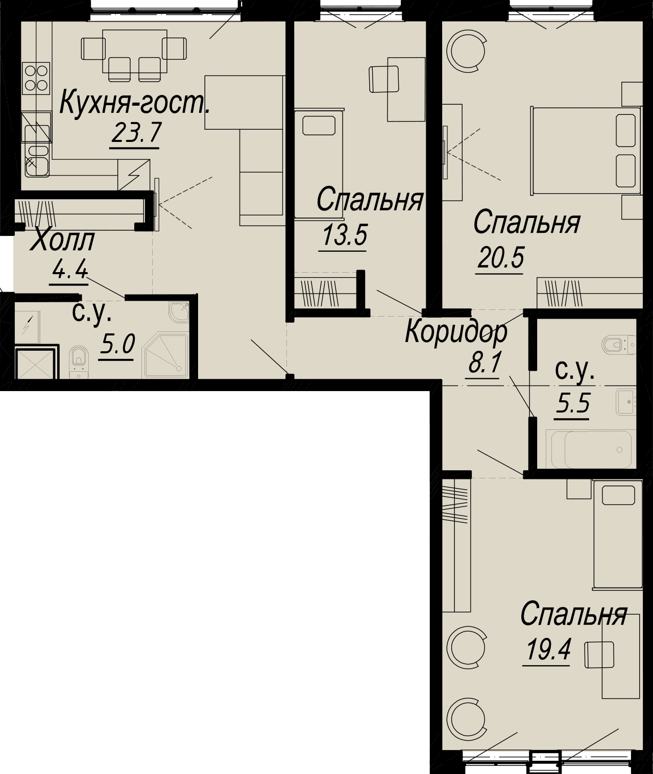 3-комнатная квартира  №4-3 в Meltzer Hall: 101.95 м², этаж 3 - купить в Санкт-Петербурге