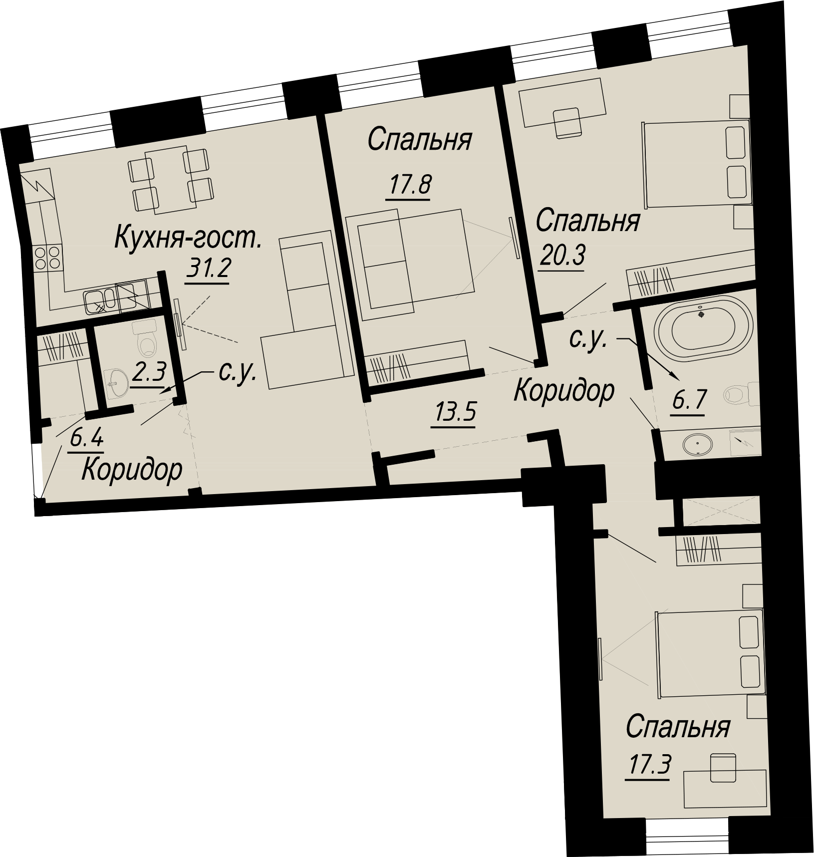 3-комнатная квартира  №19-4 в Meltzer Hall: 117.61 м², этаж 4 - купить в Санкт-Петербурге