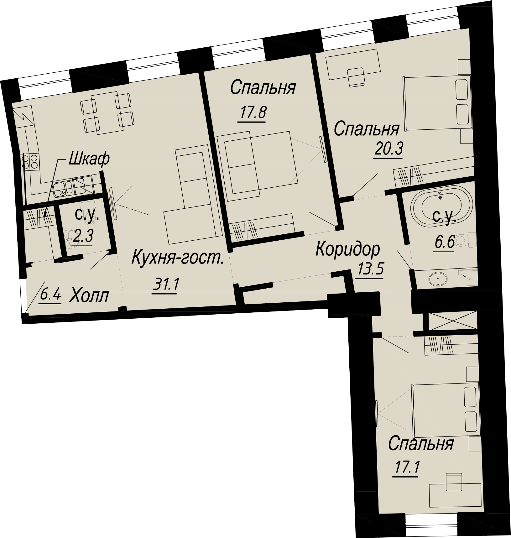 3-комнатная квартира  №18-3 в Meltzer Hall: 117.2 м², этаж 3 - купить в Санкт-Петербурге