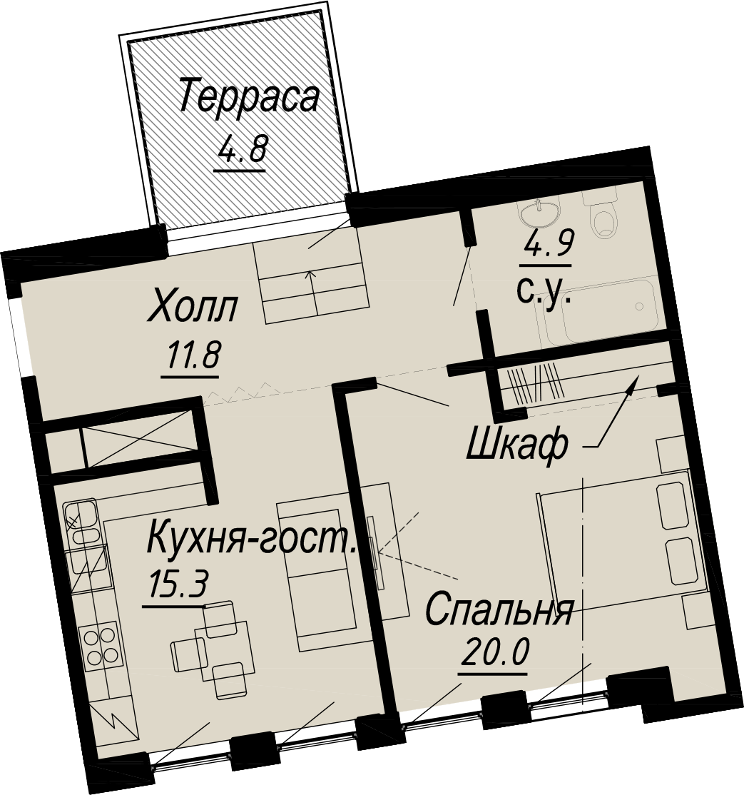 1-комнатная квартира  №17-6 в Meltzer Hall: 54.4 м², этаж 6 - купить в Санкт-Петербурге