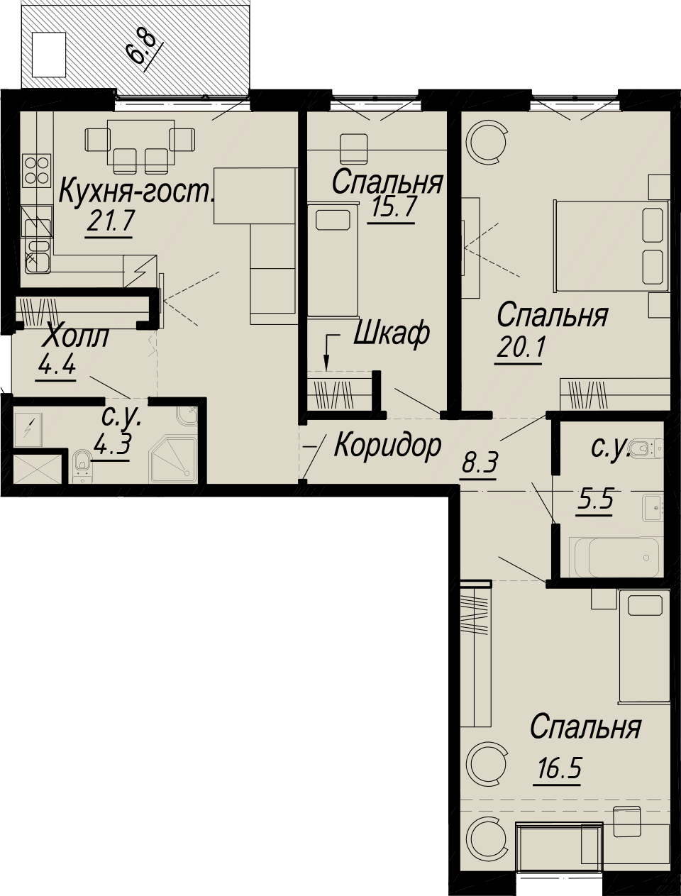 3-комнатная квартира  №4-7 в Meltzer Hall: 99 м², этаж 7 - купить в Санкт-Петербурге