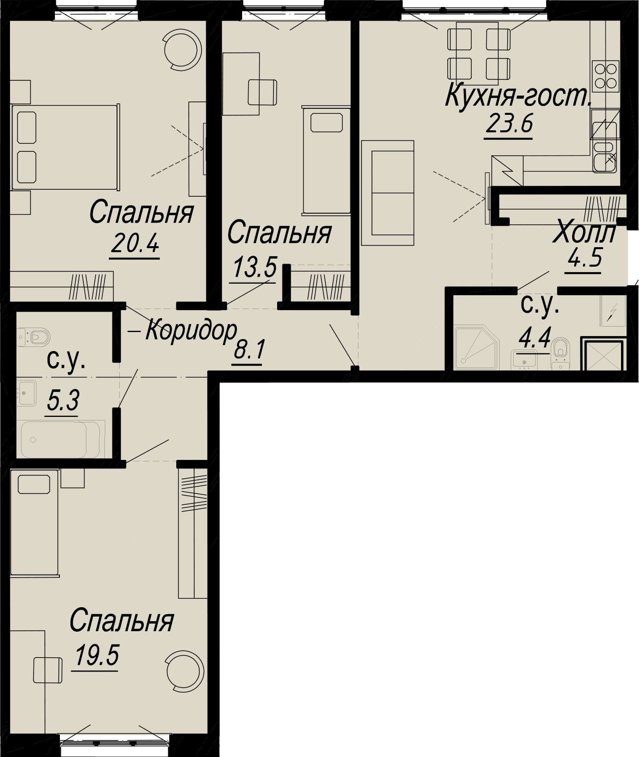 3-комнатная квартира  №5-3 в Meltzer Hall: 99.3 м², этаж 3 - купить в Санкт-Петербурге