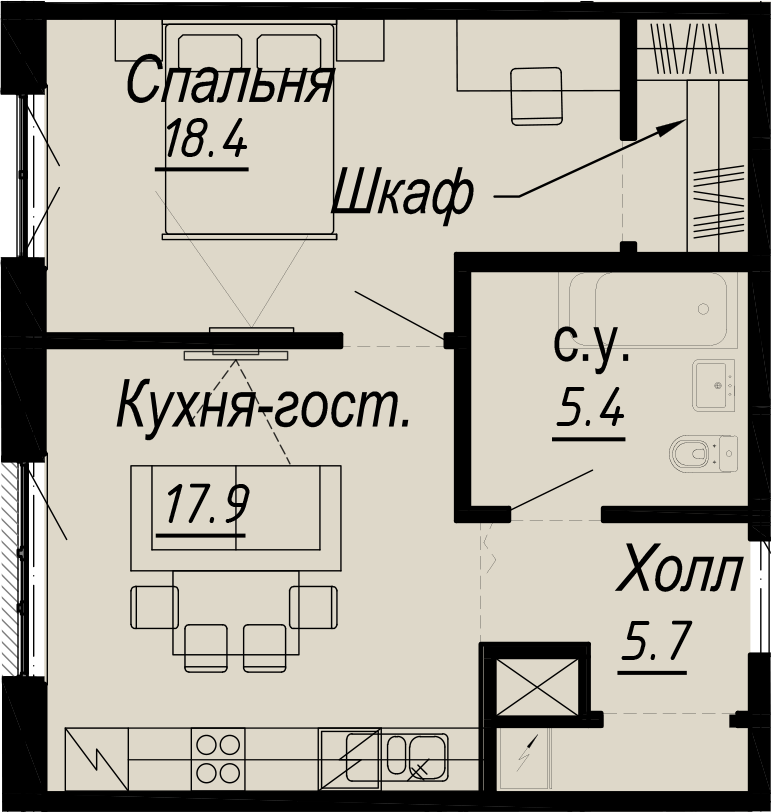 1-комнатная квартира  №23-6 в Meltzer Hall: 48.7 м², этаж 6 - купить в Санкт-Петербурге