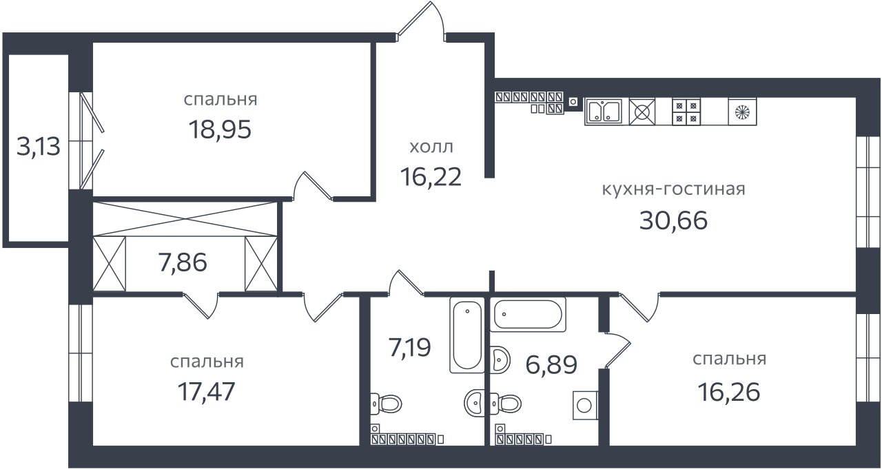 3-комнатная квартира  №18 в Петровская коса, 1: 126.8 м², этаж 6 - купить в Санкт-Петербурге
