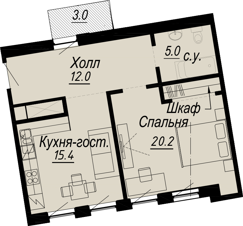 1-комнатная квартира  №16-7 в Meltzer Hall: 53.5 м², этаж 7 - купить в Санкт-Петербурге