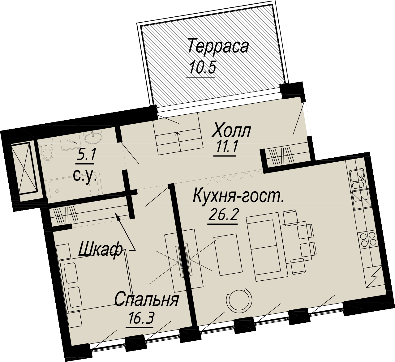 1-комнатная квартира  №16-6 в Meltzer Hall: 63.95 м², этаж 6 - купить в Санкт-Петербурге