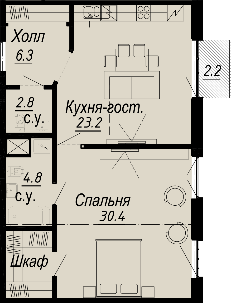 1-комнатная квартира  №12-6 в Meltzer Hall: 68.6 м², этаж 6 - купить в Санкт-Петербурге