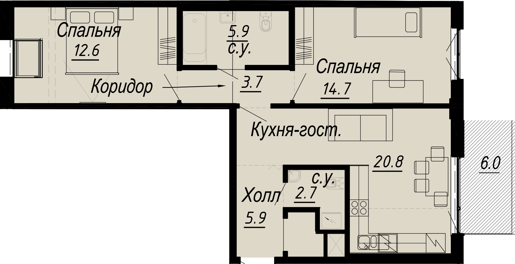 2-комнатная квартира  №26-7 в Meltzer Hall: 68.1 м², этаж 7 - купить в Санкт-Петербурге