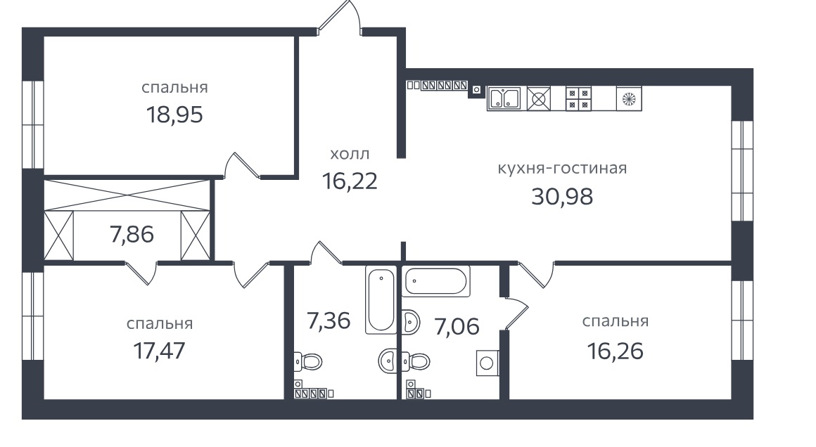 3-комнатная квартира  №9 в Петровская коса, 1: 127.2 м², этаж 3 - купить в Санкт-Петербурге
