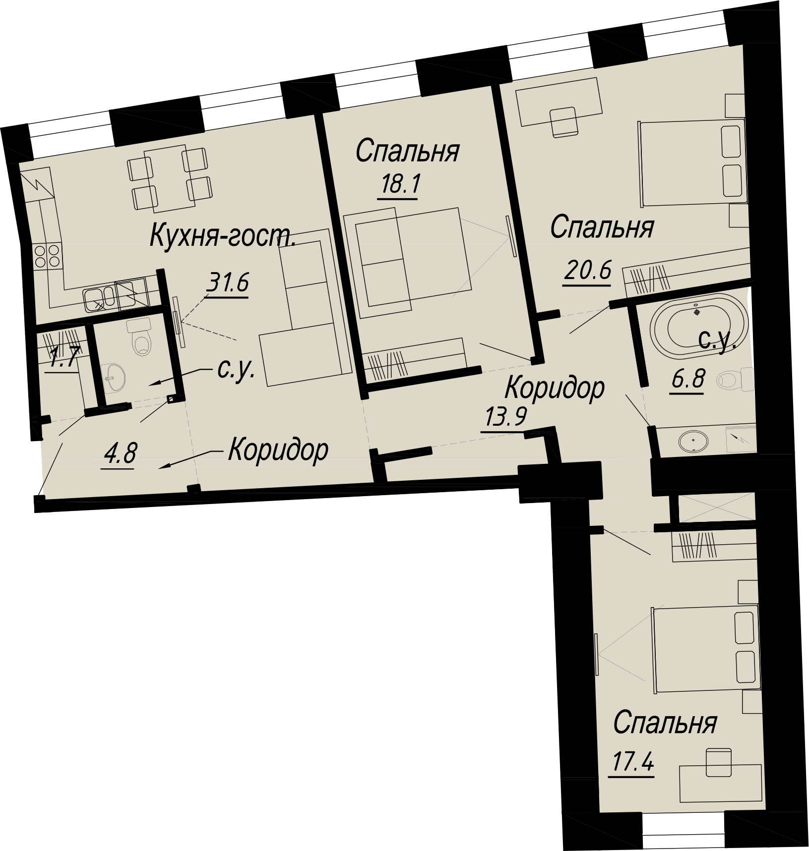 3-комнатная квартира  №19-5 в Meltzer Hall: 119.44 м², этаж 5 - купить в Санкт-Петербурге