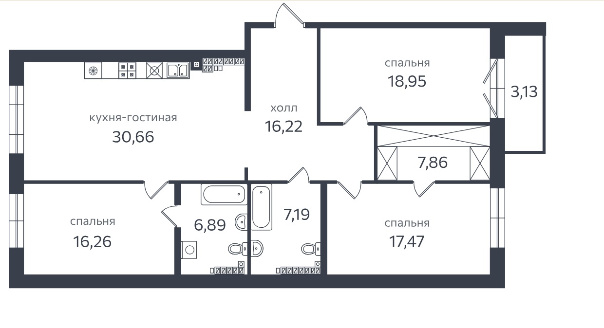 3-комнатная квартира  №104 в Петровская коса, 1: 126.6 м², этаж 6 - купить в Санкт-Петербурге