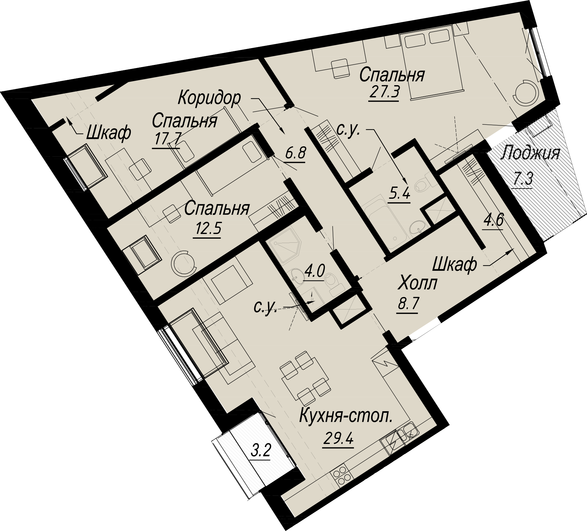 3-комнатная квартира  №1-8 в Meltzer Hall: 123.92 м², этаж 8 - купить в Санкт-Петербурге