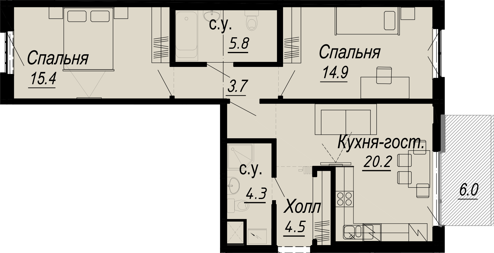 2-комнатная квартира  №23-4 в Meltzer Hall: 71.8 м², этаж 4 - купить в Санкт-Петербурге