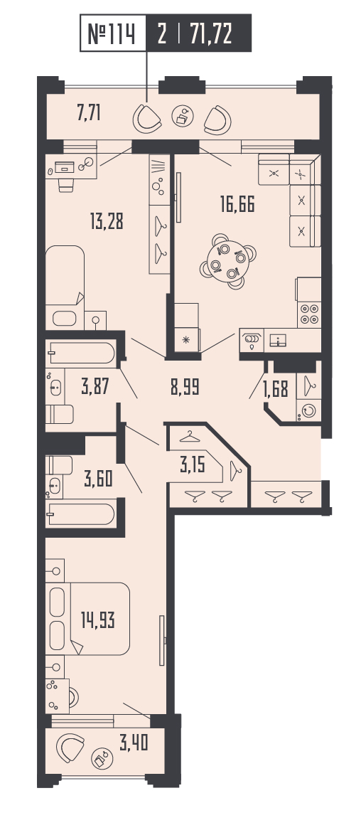 2-комнатная квартира  №114 в Шепилевский: 71.72 м², этаж 7 - купить в Санкт-Петербурге
