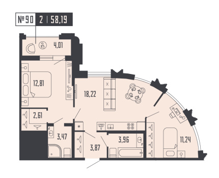2-комнатная квартира  №90 в Шепилевский: 58.19 м², этаж 3 - купить в Санкт-Петербурге