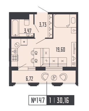 1-комнатная квартира  №147 в Шепилевский: 30.16 м², этаж 14 - купить в Санкт-Петербурге