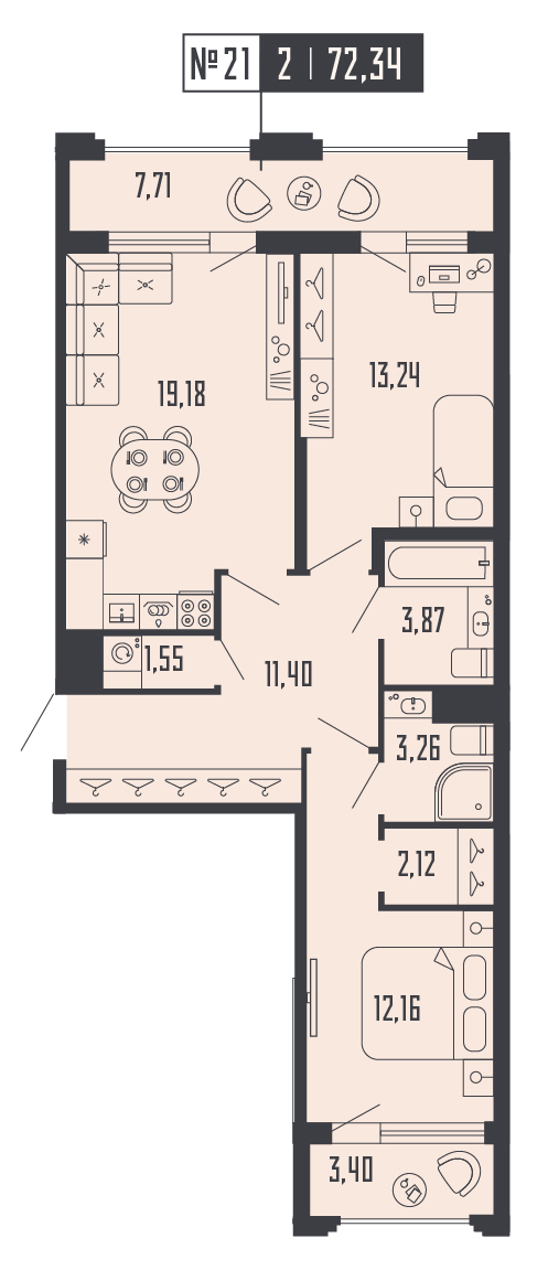 2-комнатная квартира  №21 в Шепилевский: 72.34 м², этаж 7 - купить в Санкт-Петербурге