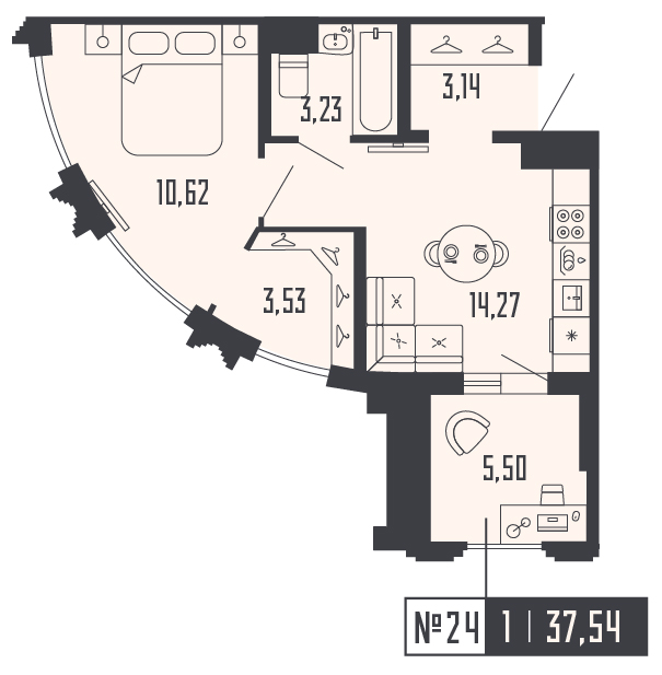1-комнатная квартира  №24 в Шепилевский: 37.54 м², этаж 7 - купить в Санкт-Петербурге