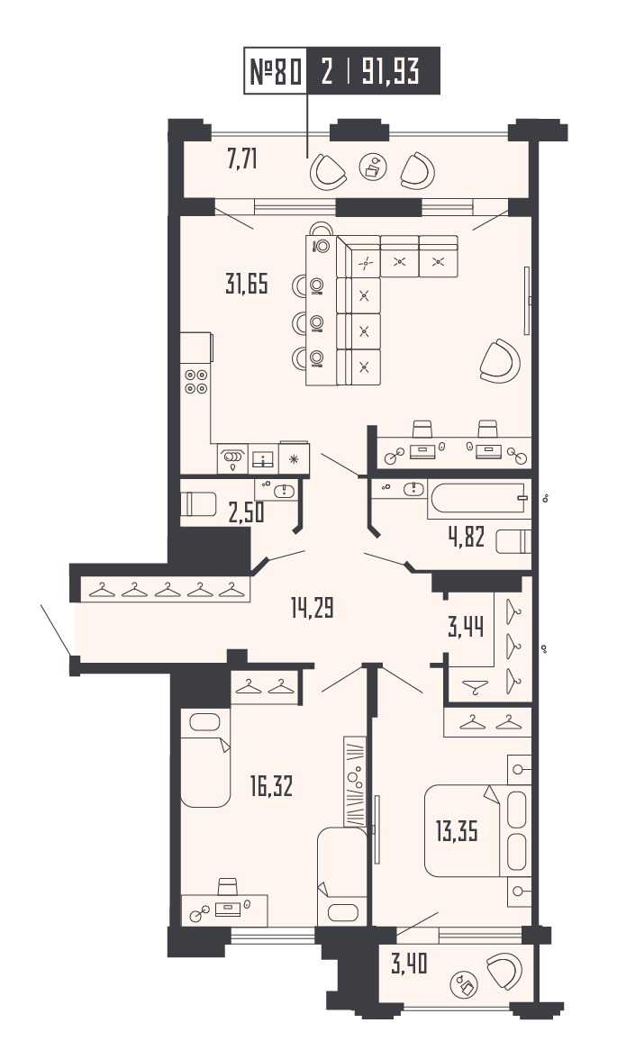 2-комнатная квартира  №80 в Шепилевский: 91.93 м², этаж 20 - купить в Санкт-Петербурге