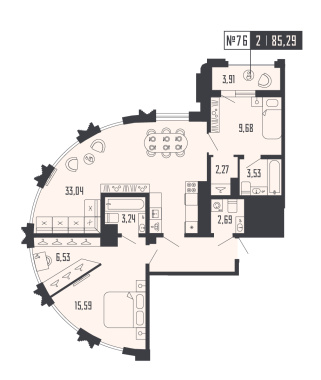 2-комнатная квартира  №76 в Шепилевский: 85.29 м², этаж 18 - купить в Санкт-Петербурге